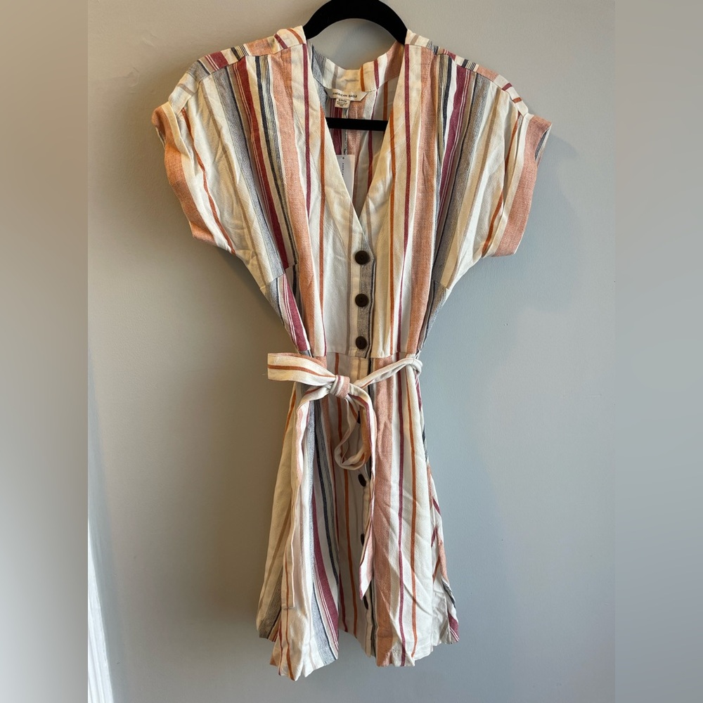 Stripes button down tie waist dress